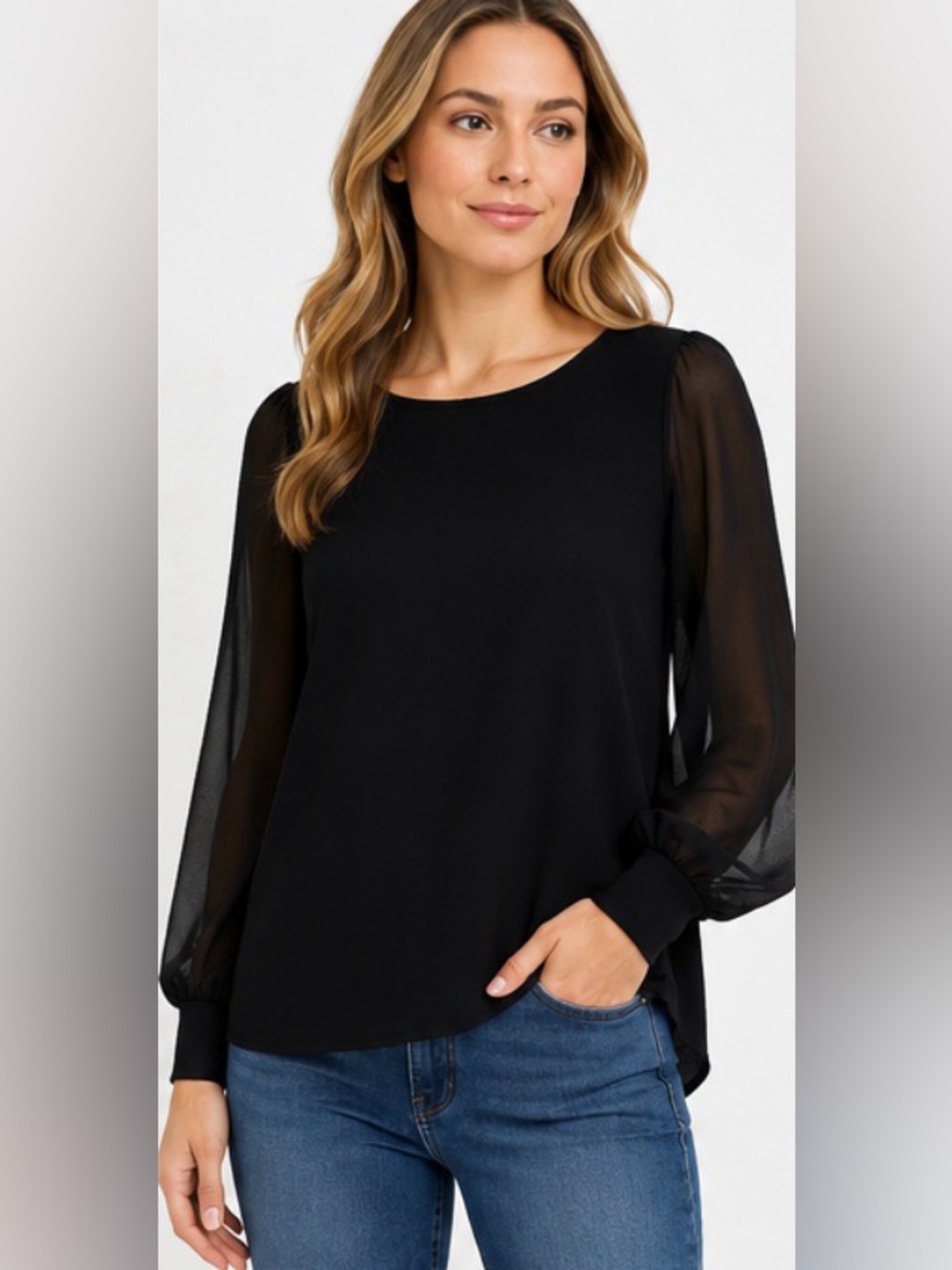 Calvin Klein Black Semi-Sheer  balloon Sleeve Blouse NWT